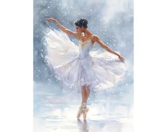 Black Ballerina Watercolor Print, Winter Ballet Wall Art, African American Dancer Poster