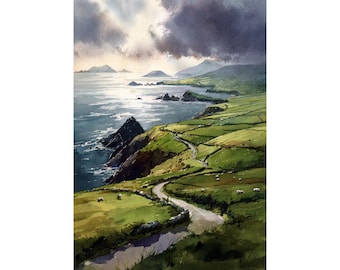 Slea Head Drive Watercolor Print • Dingle Peninsula Ireland Wall Art • Coastal Irish Landscape Painting