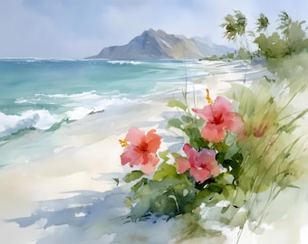 Hawaii Watercolor Print, Tropical Beach Wall Art, Hibiscus Beach poster, Coastal Decor, Palm Tree Travel Art