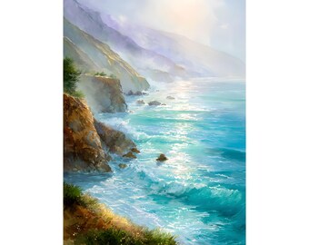 Big Sur Aquarell Druck, Küsten Klippe Malerei, Kalifornien Reise Kunst