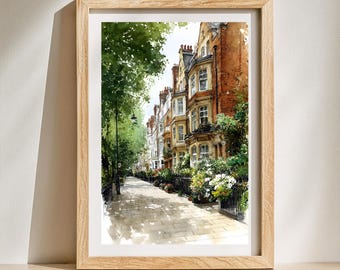 London Townhouse Wall Art, Watercolor Victorian Street Print, British Architecture Poster, UK Travel Decor