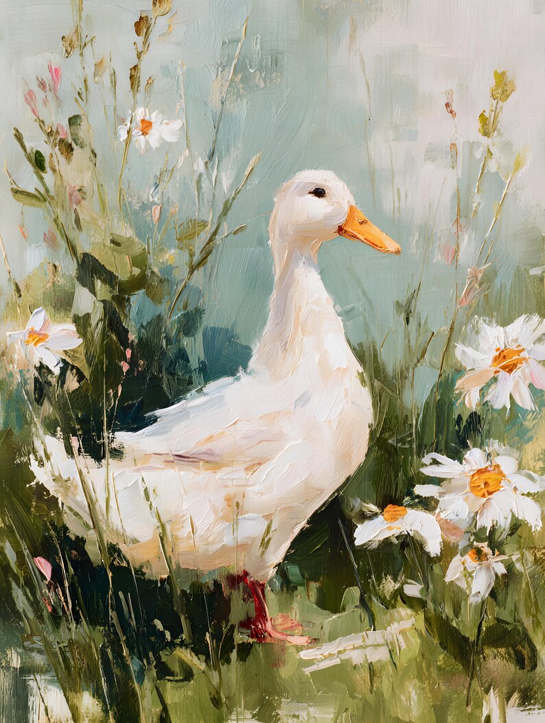 White Duck Oil Painting Print, Impasto Farm Animal Wall Art, Cozy