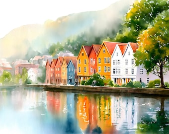 Bergen Norway Watercolor Print, Scandinavian Coastal Town Wall Art, Colorful Harbor Houses Painting, Nordic Travel Poster Decor