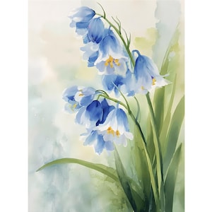 May include: A watercolour painting of bluebell flowers, showcasing their vibrant blue petals and yellow stamens. The artwork features a soft, blurred backdrop of green and yellow, with long green leaves.