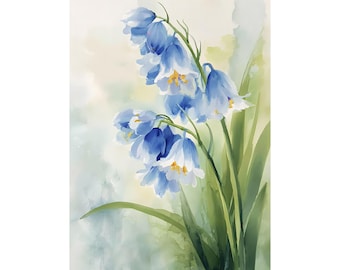 Decorazione murale con fiori di campanula, stampa botanica ad acquerello, decorazione con fiori selvatici inglesi