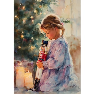 May include: Watercolor painting of a young person holding a nutcracker doll. The doll is red, white, and black, with a detailed uniform. The person is wearing a light blue dress, with a Christmas tree and candles in the background.