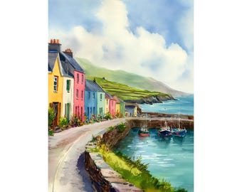 May include: Watercolor painting of a coastal village with colorful buildings. The buildings are painted in yellow, pink, blue, and green. Boats are docked in the harbor. A road curves along the water's edge, with green hills in the background.