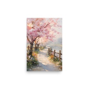 Cherry Blossom Oil Print, Sakura River Wall Art, Spring Floral Landscape Painting, Japanese Inspired Nature Art, Soft Pastel Decor