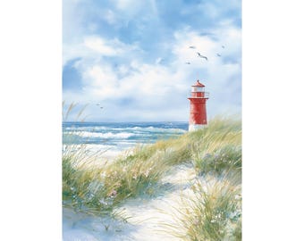 Cape Cod Lighthouse Watercolor Print, Coastal Wall Art, New England Seaside Painting, Nautical Beach House Decor, Ocean Landscape Poster