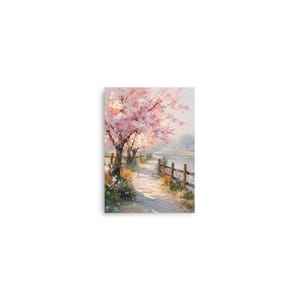 Cherry Blossom Oil Print, Sakura River Wall Art, Spring Floral Landscape Painting, Japanese Inspired Nature Art, Soft Pastel Decor