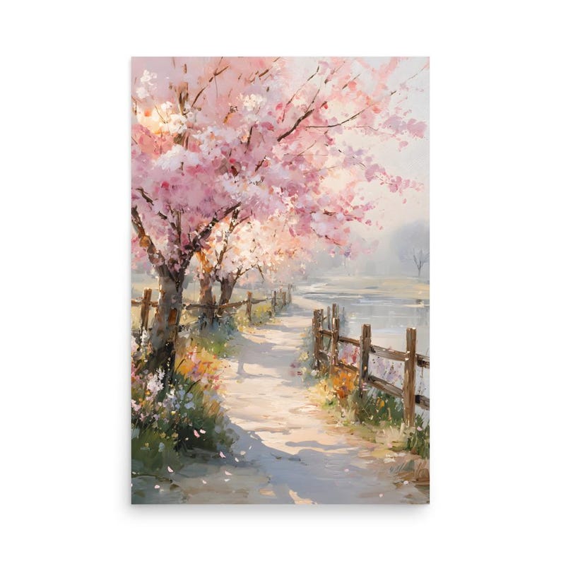 Cherry Blossom Oil Print, Sakura River Wall Art, Spring Floral Landscape Painting, Japanese Inspired Nature Art, Soft Pastel Decor