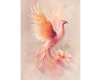 Pastel Phoenix Watercolor Print, Mythical Bird Wall Art, Boho Fantasy Illustration, Rebirth Symbol Artwork, Modern Spiritual Decor