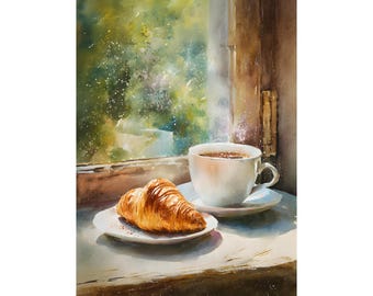 Charming French Breakfast Watercolor Print, Cozy Croissant & Coffee Art,  Sunlit Patisserie Wall Art