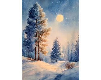 Appalachian Mountains Wall Art • Moonlit Forest Watercolor Print • Snowy Night Sky Landscape Painting