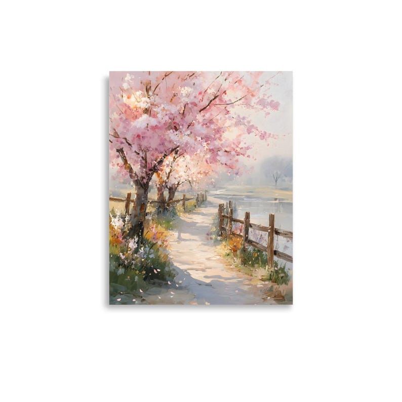 Cherry Blossom Oil Print, Sakura River Wall Art, Spring Floral Landscape Painting, Japanese Inspired Nature Art, Soft Pastel Decor