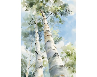 Acuarela minimalista de bosque de álamos y abedules, lámina neutra para pared con copa de árbol, pintura de bosque claro