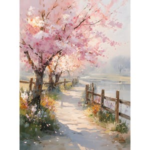 May include: An impressionistic painting of a path lined with cherry blossom trees in full bloom. A wooden fence runs alongside the path, leading to a body of water. The artwork features soft pinks, whites, and greens, evoking a sense of spring.