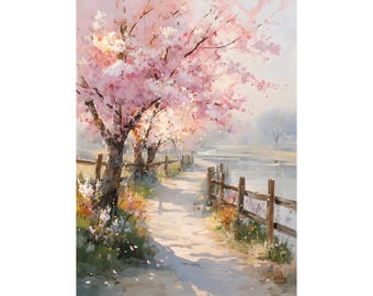 Sakura River Oil Print, Japanese Cherry Blossom Landscape, Pastel Floral Wall Art