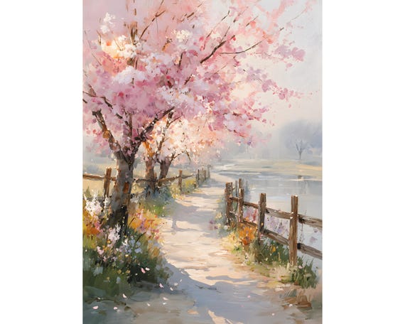 Sakura River Oil Print, Japanese Cherry Blossom Landscape, Pastel Floral Wall Art