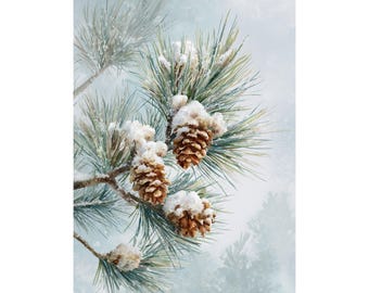 May include: A watercolor painting of a pine branch with green needles and brown pine cones covered in snow. The background is a soft, light blue with a hint of trees, creating a wintery scene.