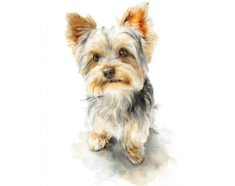 Pode incluir: Pintura em aquarela de um cão Yorkshire Terrier. O cão tem uma pelagem marrom clara e cinza com orelhas longas e caídas. O cão está sentado e olhando para frente, com um fundo suave em aquarela.