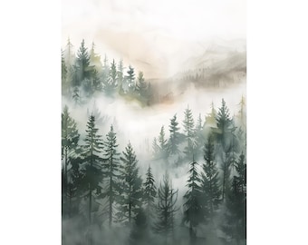Foggy Pine Forest Watercolor Print: Rustic Mountain Landscape Art