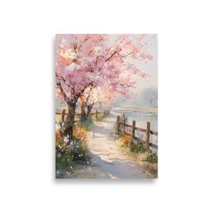 Cherry Blossom Oil Print, Sakura River Wall Art, Spring Floral Landscape Painting, Japanese Inspired Nature Art, Soft Pastel Decor