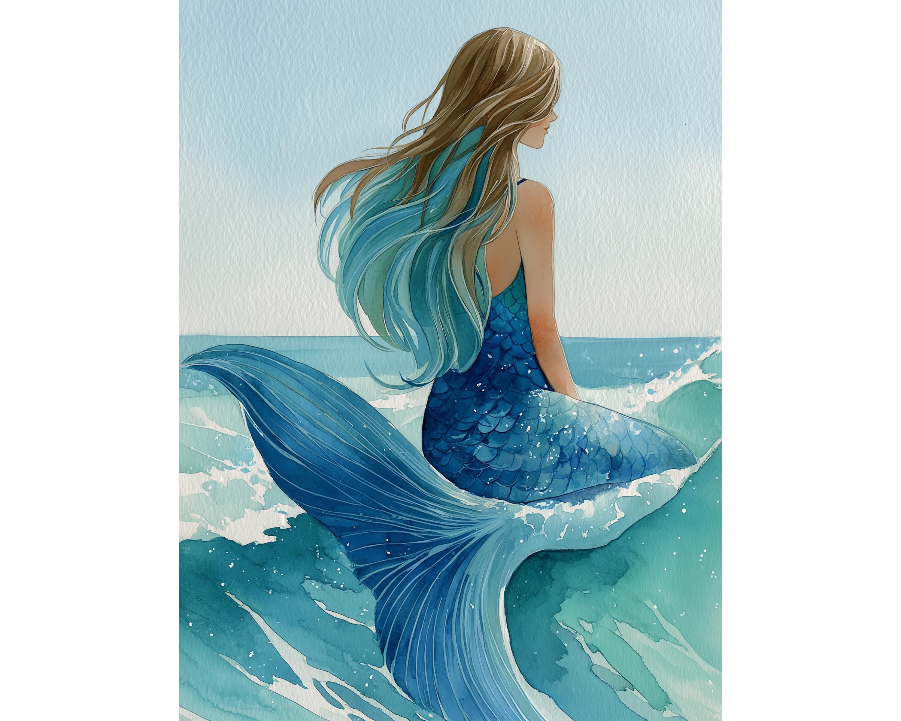 マーメイド水彩画：海のファンタジーアート、海岸沿いのホーム
