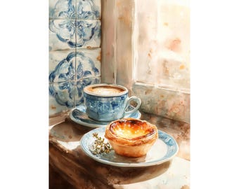 Pastel de Nata Watercolor Print, Lisbon Café Wall Art, Portuguese Kitchen Decor, Espresso Food Poster