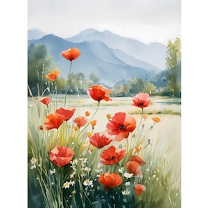 Puede incluir: Pintura a la acuarela de un campo de amapolas rojas con hierba verde y pequeñas flores blancas. En el fondo, montañas azules y un cielo azul claro. La obra evoca una sensación de tranquilidad y belleza natural.