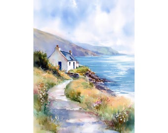 May include: Watercolor painting of a coastal scene. A white cottage with a blue door and roof sits on a grassy cliff overlooking the ocean. A winding path leads towards the cottage, with colorful wildflowers and green foliage. The sky is a mix of blue and white.