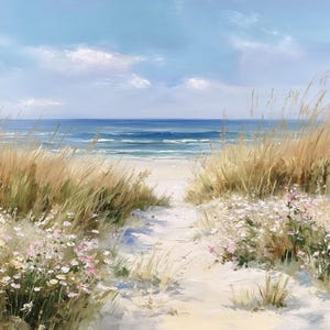 May include: An oil painting depicts a serene beach scene. A sandy path leads to the ocean, framed by tall, golden grasses and clusters of white and pink wildflowers. The sky is a soft blue with scattered clouds.