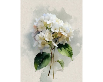 White Hydrangea Watercolor Print: Minimalist Botanical Wall Art