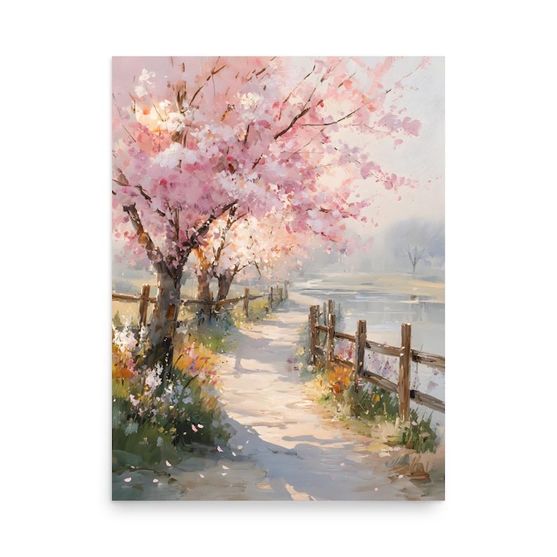 Cherry Blossom Oil Print, Sakura River Wall Art, Spring Floral Landscape Painting, Japanese Inspired Nature Art, Soft Pastel Decor