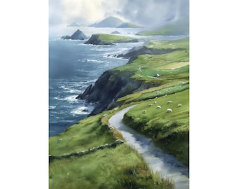 Slea Head Drive Watercolor Print • Dingle Peninsula Ireland Wall Art • Coastal Irish Landscape Painting
