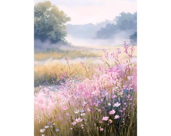 Misty Wildflower Meadow Watercolor Print | Pastel Floral Landscape Art | Cottagecore Botanical Wall Decor | Soft Nature Painting