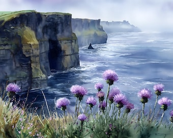 May include: Watercolor painting of a coastal landscape featuring purple thistles in the foreground. Cliffs rise from the ocean, with a misty sky above. The artwork captures the natural beauty of the coast.