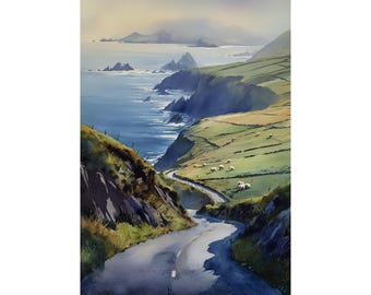 Slea Head Drive Watercolor Print, Dingle Ireland Wall Art, Irish Coastal Landscape Painting