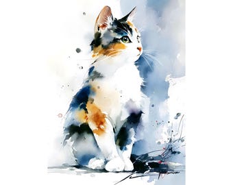 狼林（ROURIN）作　猫（ジャパニーズボブティル三毛）の水彩画 2008年 三毛猫の水彩画：動物アートプリント - Etsy 日本