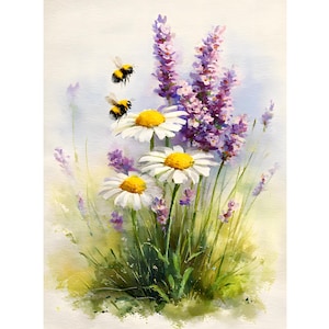 Könnte beinhalten: Aquarellmalerei mit Gänseblümchen, Lavendel und Bienen. Weiße Gänseblümchen mit gelben Zentren und weißen Blütenblättern befinden sich im Vordergrund. Hinter den Gänseblümchen befinden sich lila Lavendel und grünes Gras. Zwei Bienen fliegen in der Nähe der Blumen.