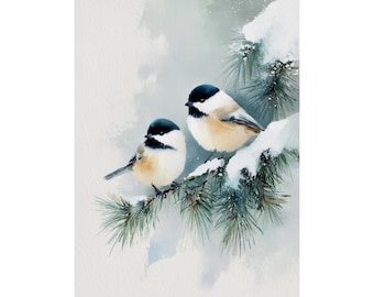 May include: Watercolor painting of two chickadees perched on a snow-covered pine branch. The birds have black caps, white cheeks, and tan bodies. The background is a soft, muted white and gray.