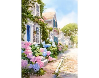 Nantucket Watercolor Print, Coastal Cottage, Hydrangeas Art