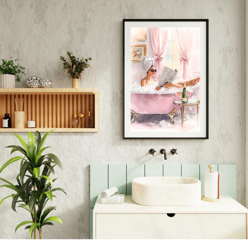 Woman in Pink Bathtub Watercolor Art Print, Parisian Bathroom Decor - Etsy