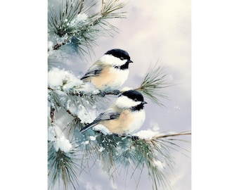 May include: A watercolor painting depicting two black-capped chickadees perched on a snow-covered pine branch. The birds have black heads, white cheeks, and soft tan-colored bellies. The pine needles are green and dusted with white snow.