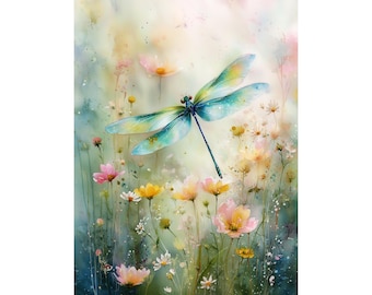 花とトンボのアートプレート トンボの絵画、野の花の水彩画、草原の壁アートプリント、抽象的な花の