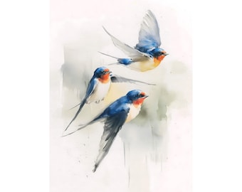 Barn Swallow Watercolor Print - Delicate Bird in Flight Nature Illustration - Vintage Style Art Print