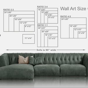 May include: Wall art size guide with various rectangular dimensions, including 24"x36", 20"x30", and 18"x24". A dark green sectional sofa is below the guide. The sofa is 90 inches wide.