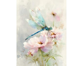 Dragonfly Watercolor Print • Nature Wall Art • Blue Teal Insect Painting • Botanical Cottagecore Decor • Minimalist Home Artwork