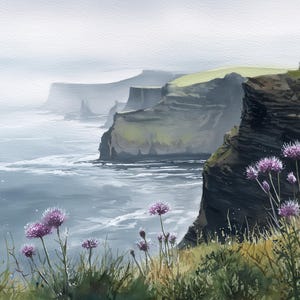 May include: A watercolour painting of a coastal scene with cliffs and the sea. Purple wildflowers and grasses are in the foreground. The cliffs are dark grey and green, with the ocean a mix of grey and blue.