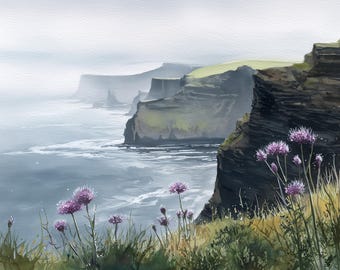 Impresión en acuarela de los acantilados de Moher: arte costero irlandés
